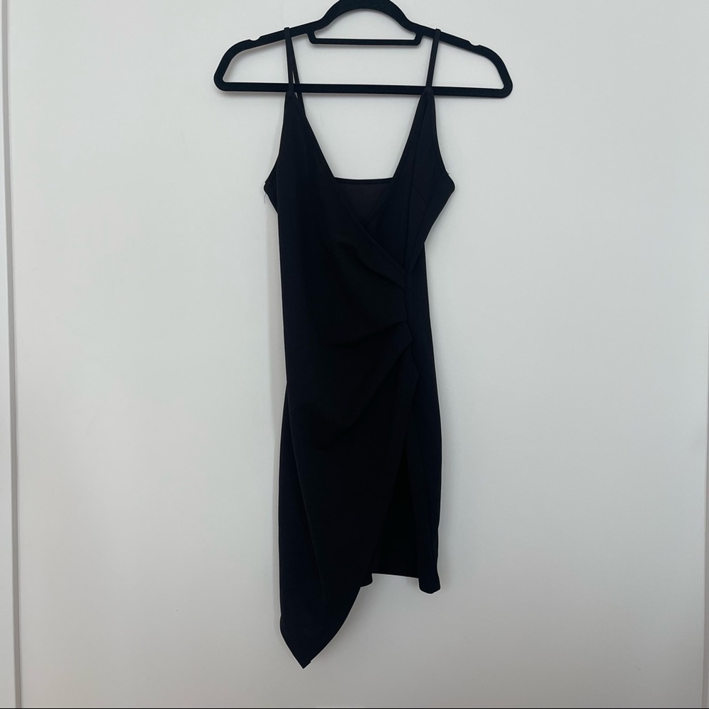 Black Asymmetrical Faux Wrap Bodycon Dress w/ Synched Side Detailing